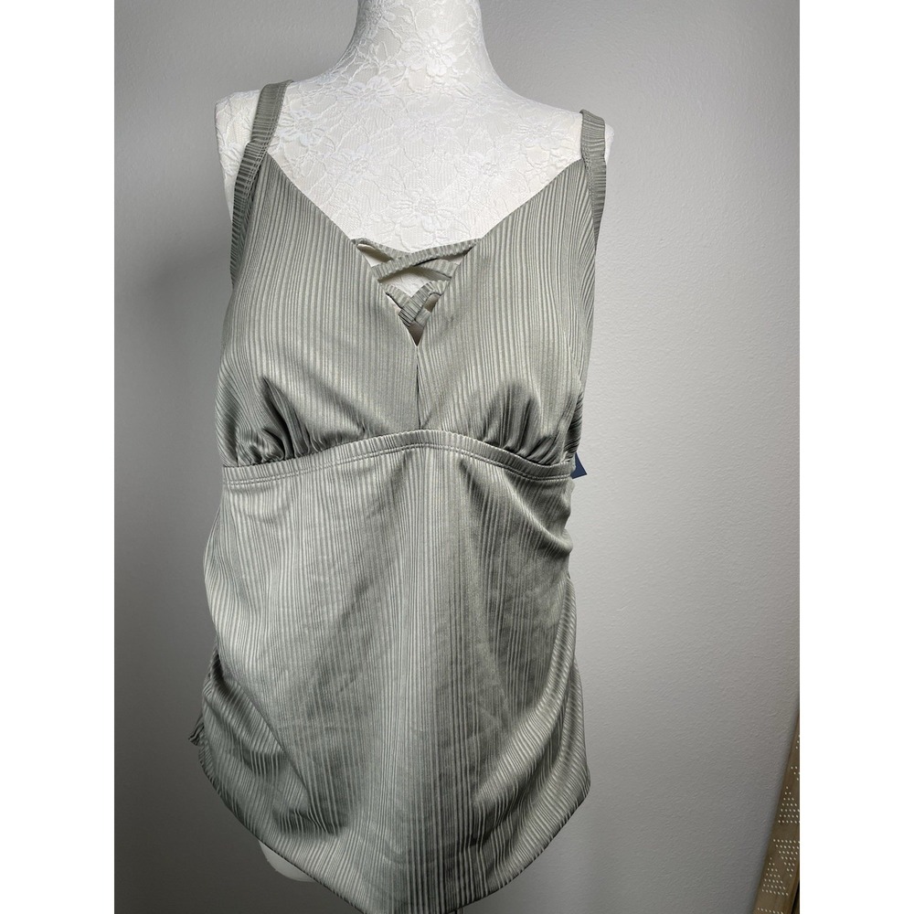 NWT Aqua Couture Womens 3X Green Tankini Swim Top Ribbed Strappy Front